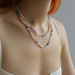 Secret Garden Colored Stone Beaded Necklace - Purple Onyx Aquamarine - floysun