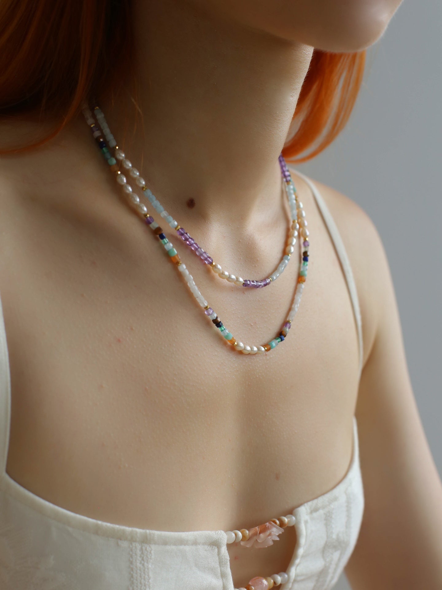 Secret Garden Colored Stone Beaded Necklace - Purple Onyx Aquamarine - floysun