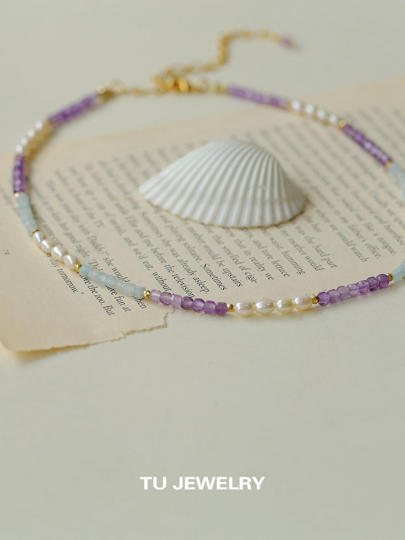 Secret Garden Colored Stone Beaded Necklace - Purple Onyx Aquamarine - floysun