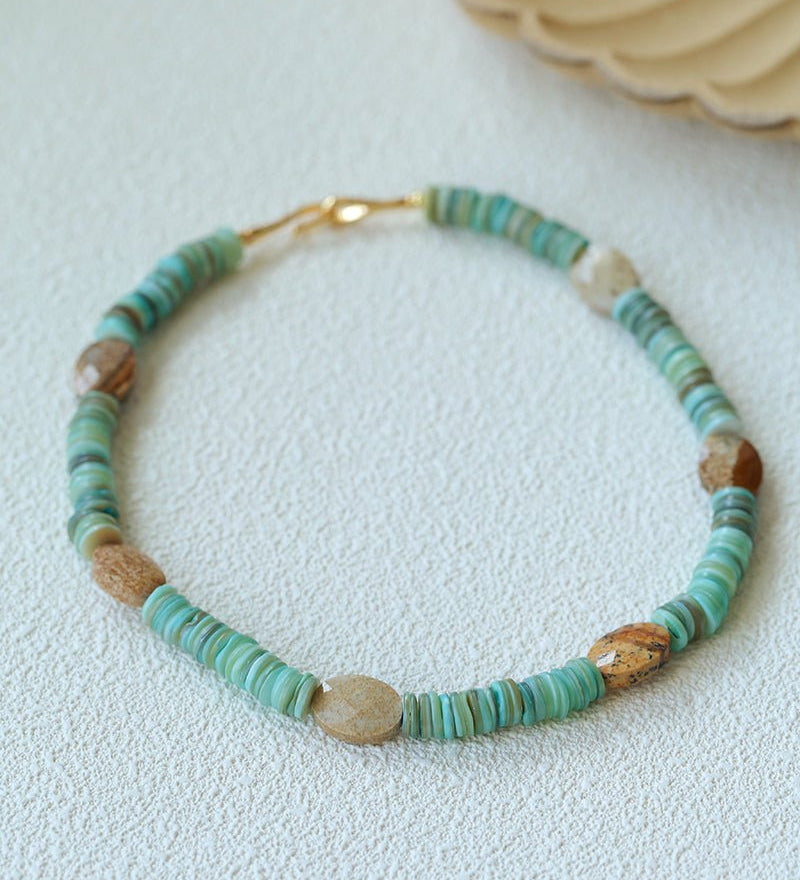 Shell & Picture Stone Beaded Necklace – Coastal Green Boho Chic - floysun