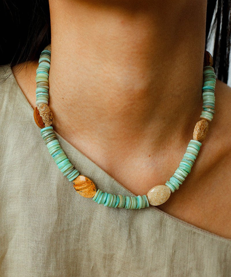 Shell & Picture Stone Beaded Necklace – Coastal Green Boho Chic - floysun