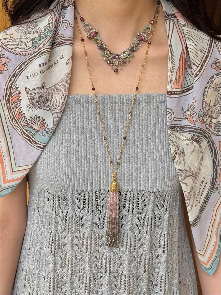 Sicilian Sunset Natural Gemstone Graduated Tassel Long Necklace - floysun
