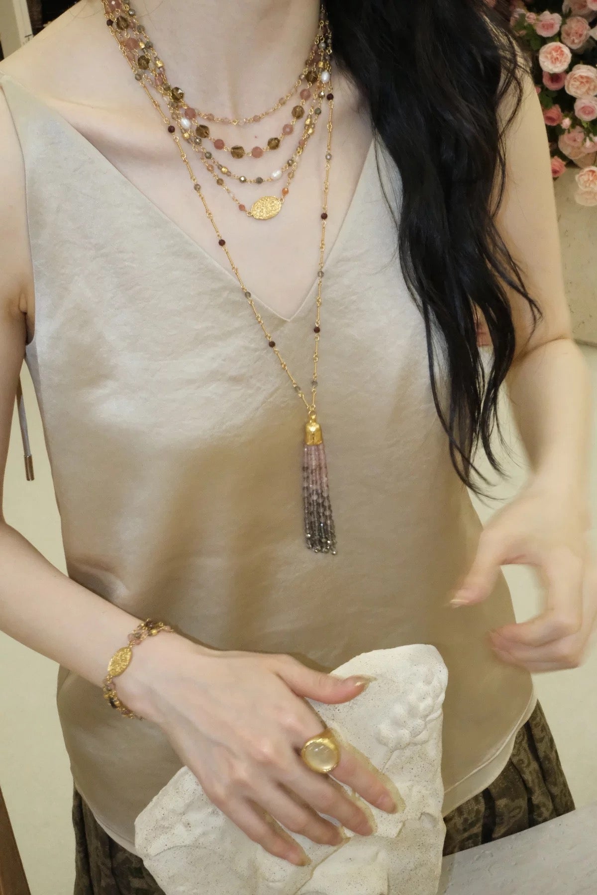 Sicilian Sunset Natural Gemstone Graduated Tassel Long Necklace - floysun