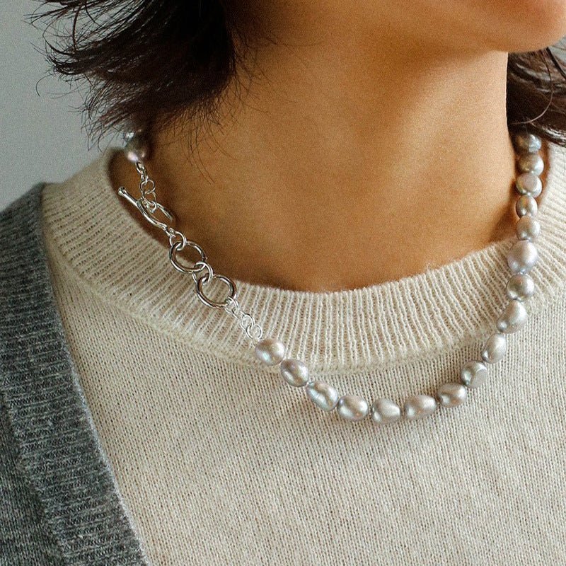 Silver Gray Freshwater Pearls Short OT Buckle Necklaces - floysun