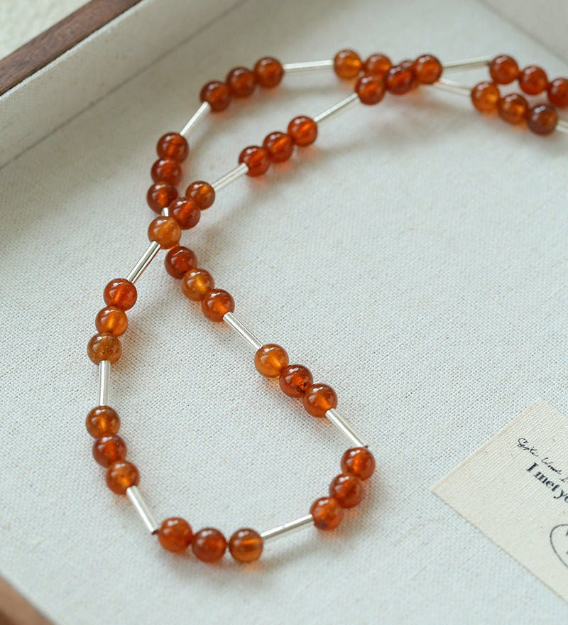 Silver Tube Red Elastic Beaded Necklace with Garnet & Blue Aventurine - floysun