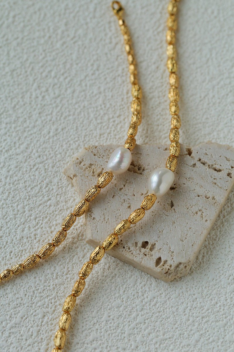Single Freshwater Pearl Lava Texture Gold Collarbone Necklace - floysun