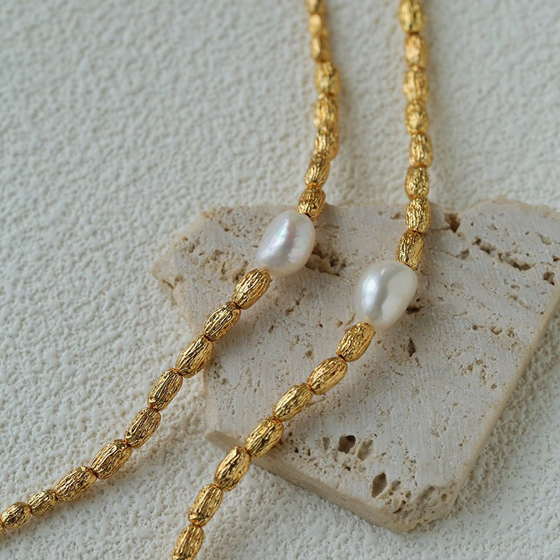 Single Freshwater Pearl Lava Texture Gold Collarbone Necklace - floysun