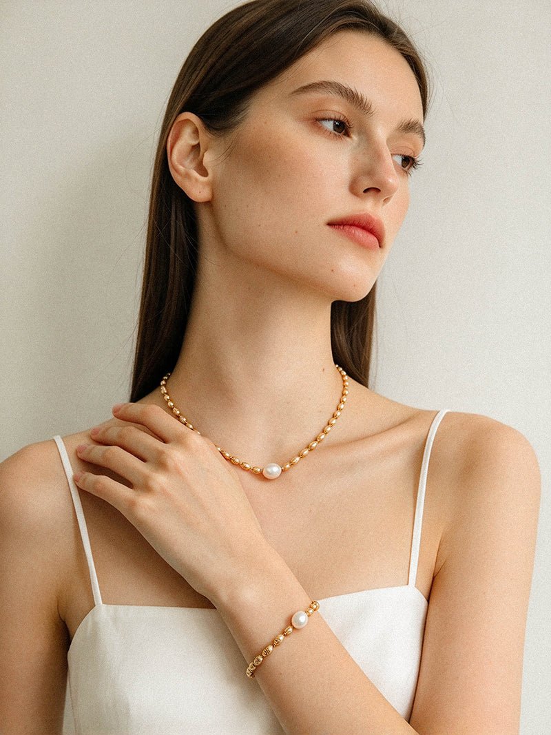 Single Freshwater Pearl Lava Texture Gold Stack Bracelet - floysun