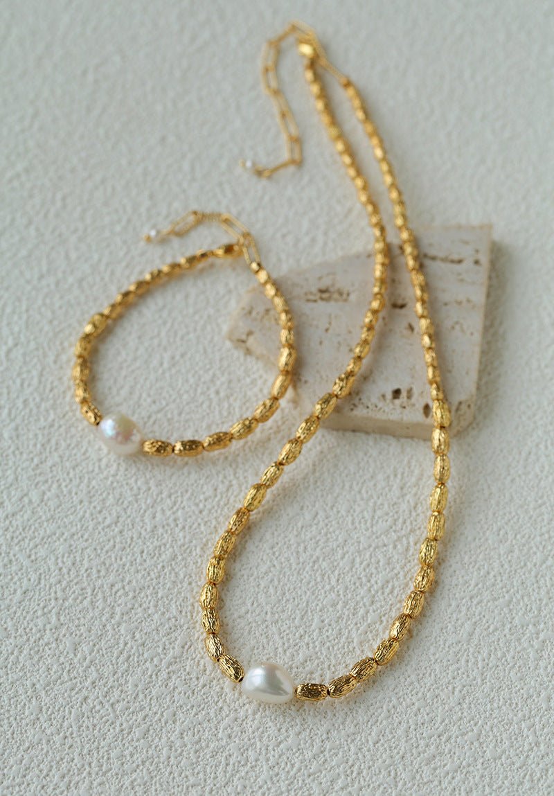 Single Freshwater Pearl Lava Texture Gold Stack Bracelet - floysun