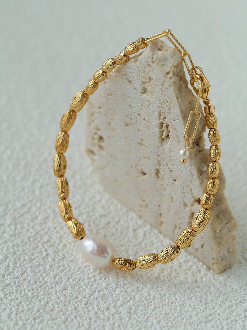 Single Freshwater Pearl Lava Texture Gold Stack Bracelet - floysun