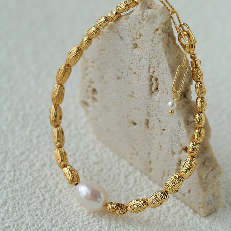 Single Freshwater Pearl Lava Texture Gold Stack Bracelet - floysun