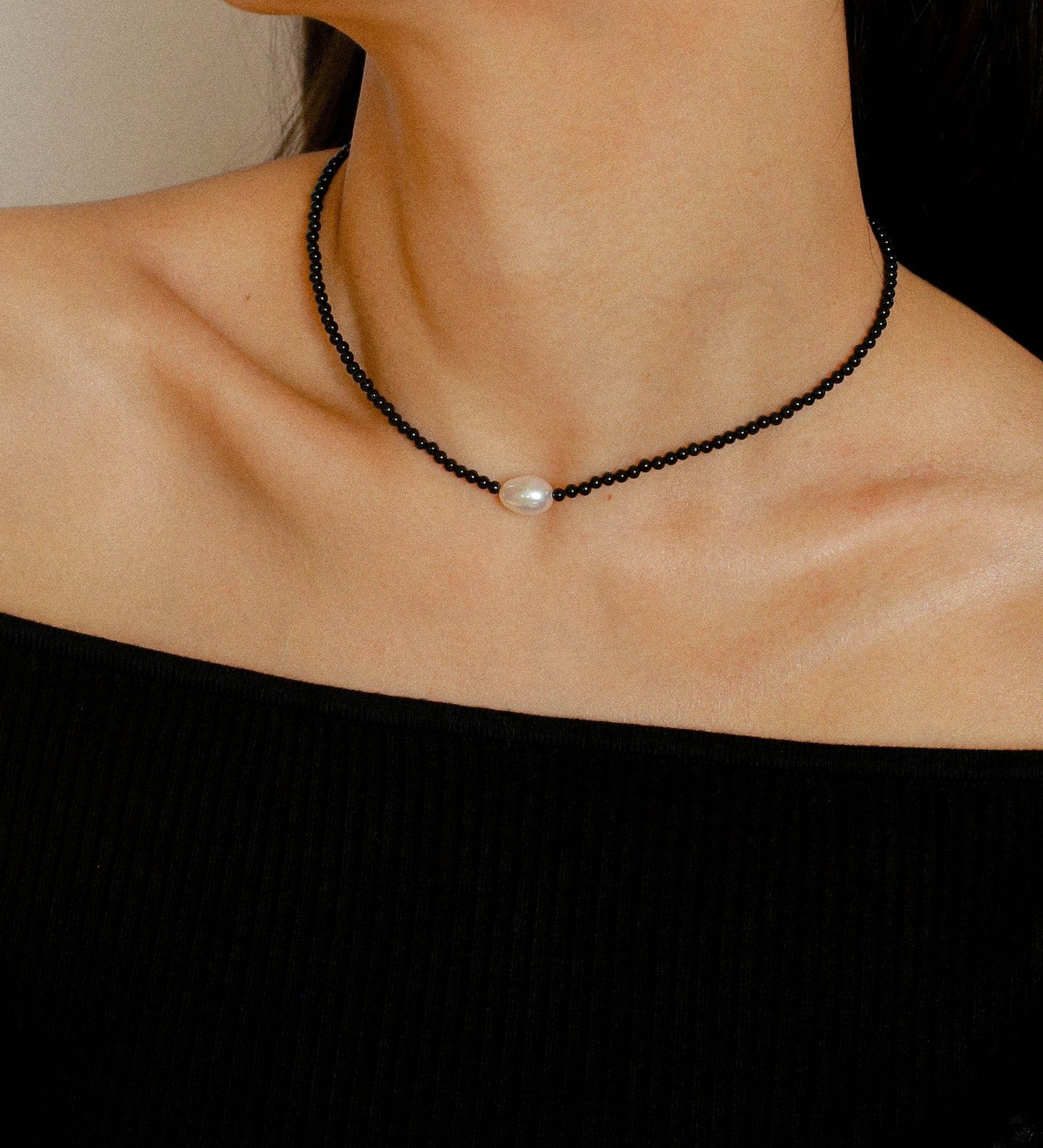 Single Pearl Red Agate Black Agate Beaded Necklace - floysun