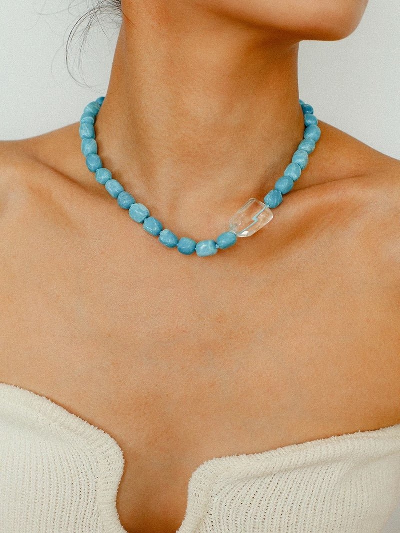 Sky Blue Stone & White Crystal Necklace - floysun