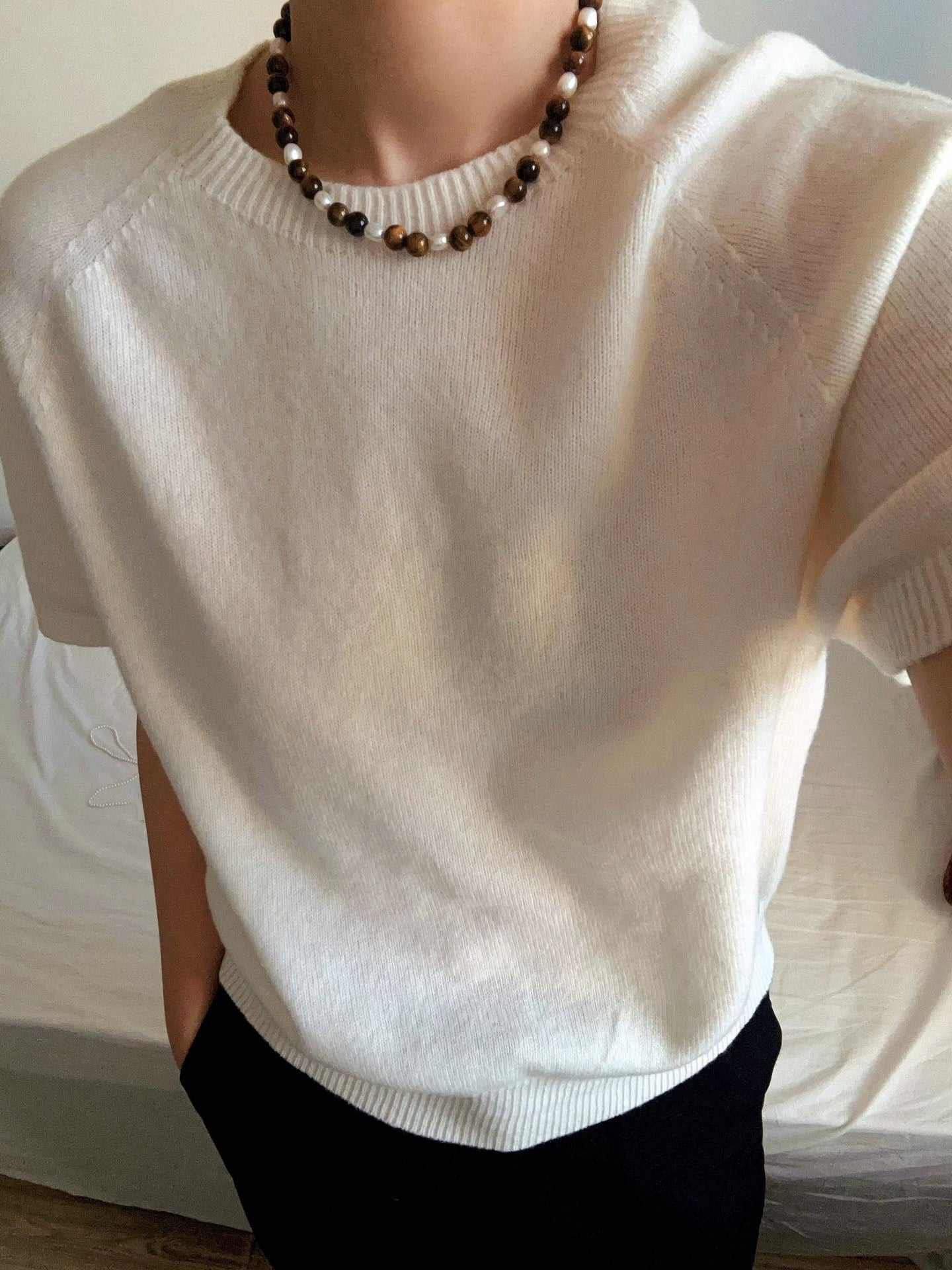 Small Tiger Eye & Pearl Beaded Necklace - floysun