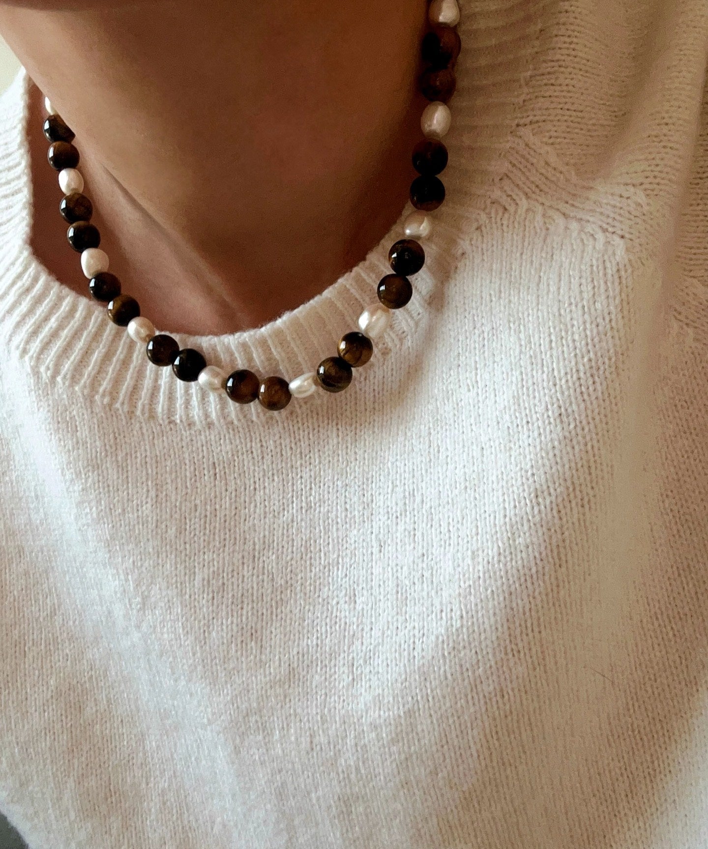 Small Tiger Eye & Pearl Beaded Necklace - floysun