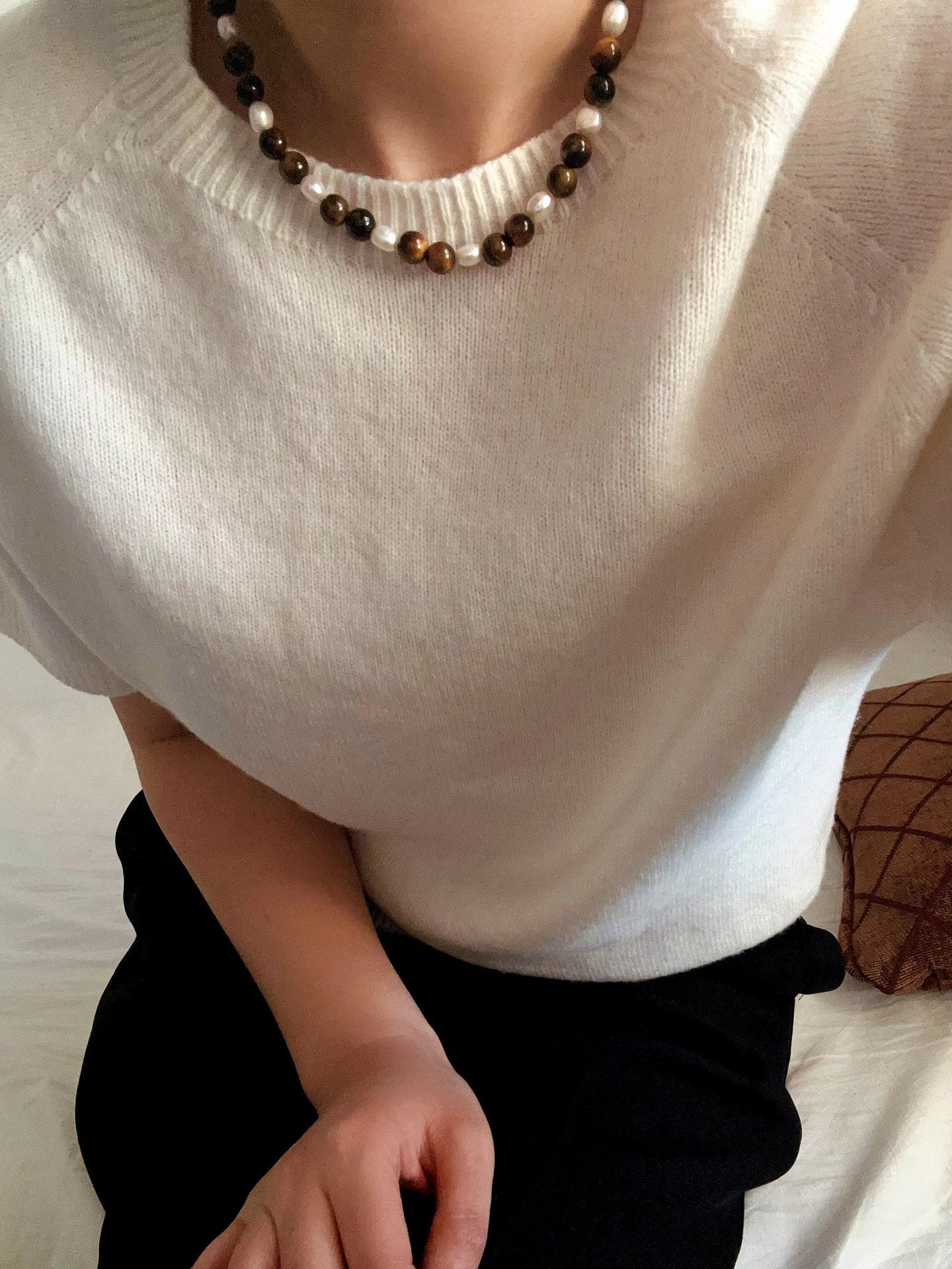 Small Tiger Eye & Pearl Beaded Necklace - floysun