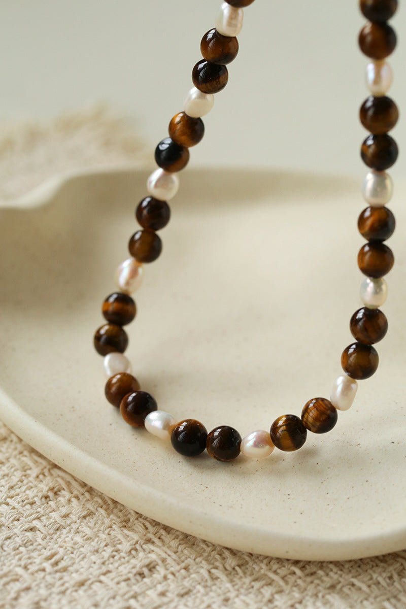 Small Tiger Eye & Pearl Beaded Necklace - floysun