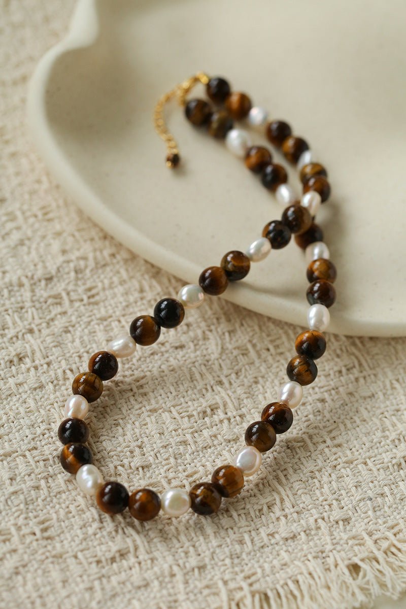 Small Tiger Eye & Pearl Beaded Necklace - floysun