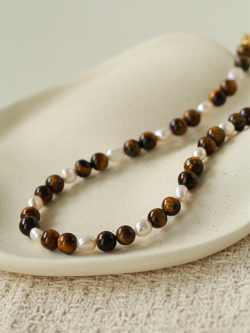 Small Tiger Eye & Pearl Beaded Necklace - floysun