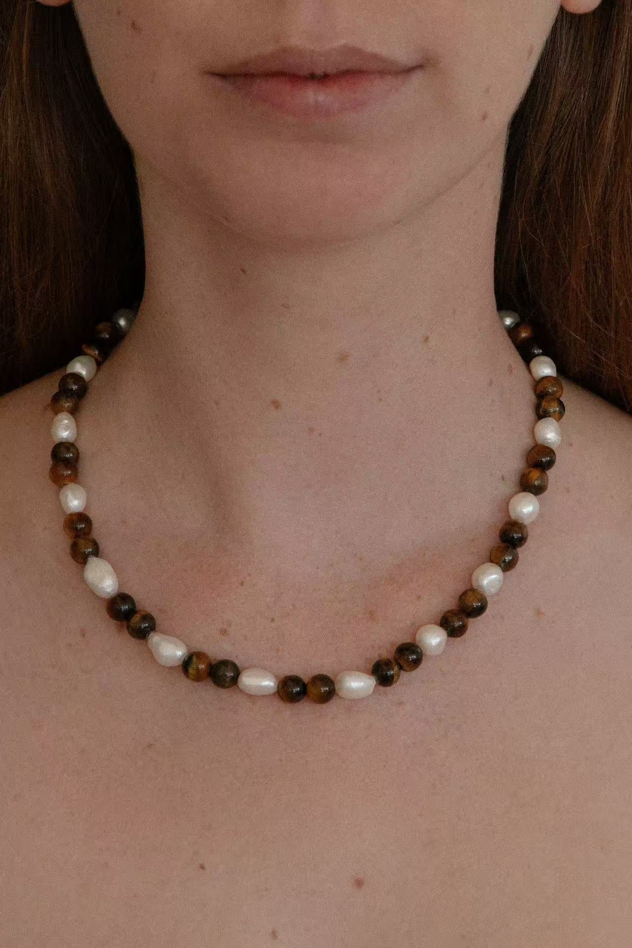 Small Tiger Eye & Pearl Beaded Necklace - floysun