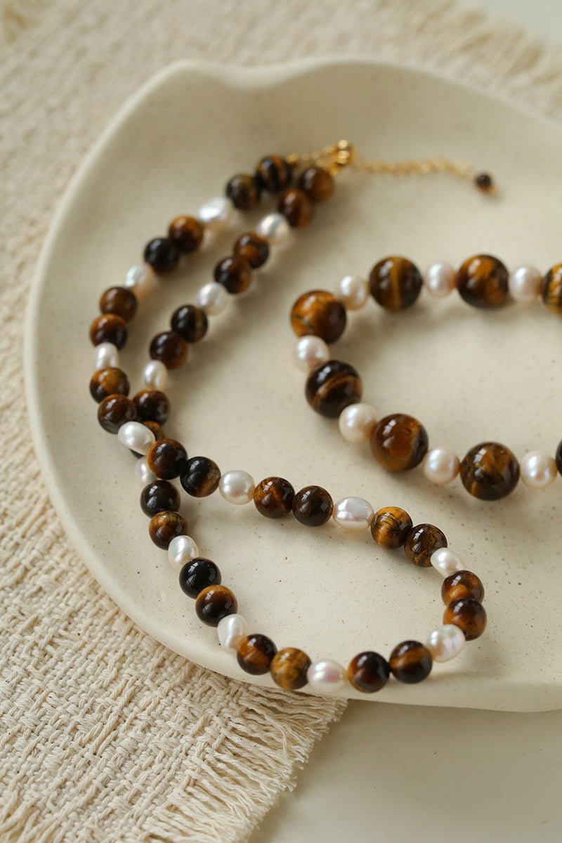 Small Tiger Eye & Pearl Beaded Necklace - floysun