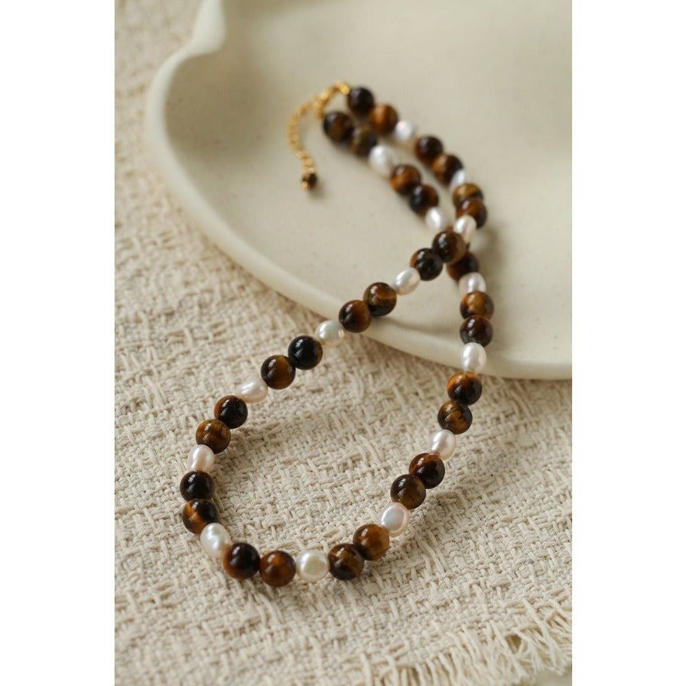 Small Tiger Eye Stone & Pearl Beaded Necklace - floysun