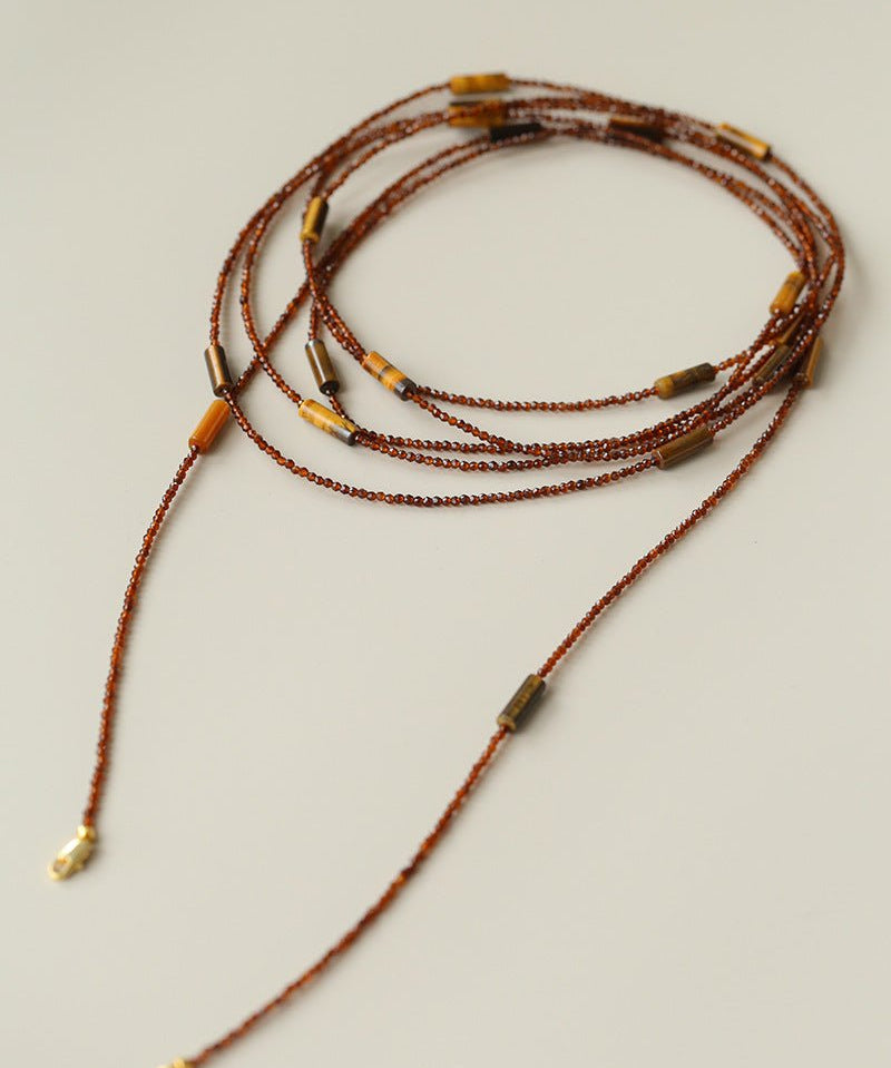 Smoky Glass & Tiger’s Eye Extra Long Beaded Necklace - floysun
