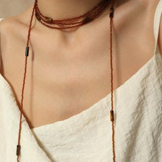 Smoky Glass & Tiger’s Eye Extra Long Beaded Necklace - floysun