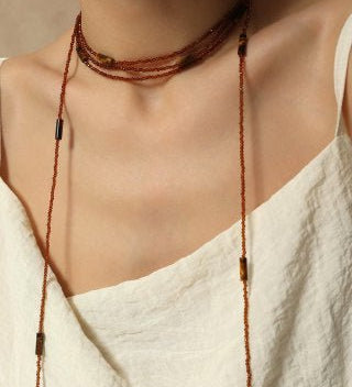 Smoky Glass & Tiger’s Eye Extra Long Beaded Necklace - floysun