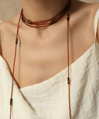 Smoky Glass & Tiger’s Eye Extra Long Beaded Necklace - floysun
