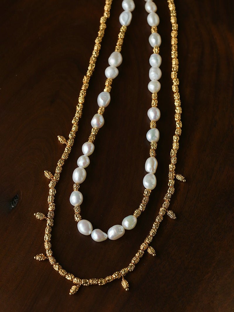 Smooth Freshwater Pearl Crinkled Gold Collarbone Necklace - floysun