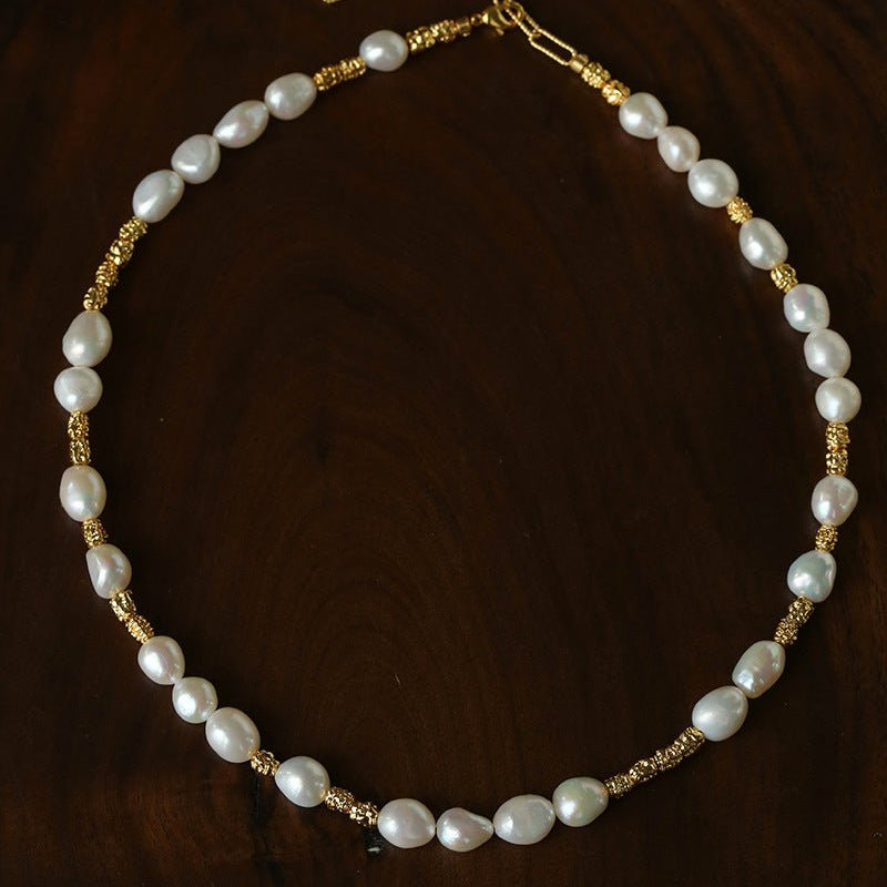 Smooth Freshwater Pearl Crinkled Gold Collarbone Necklace - floysun