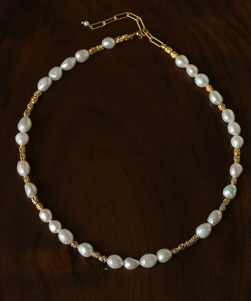 Smooth Freshwater Pearl Crinkled Gold Collarbone Necklace - floysun