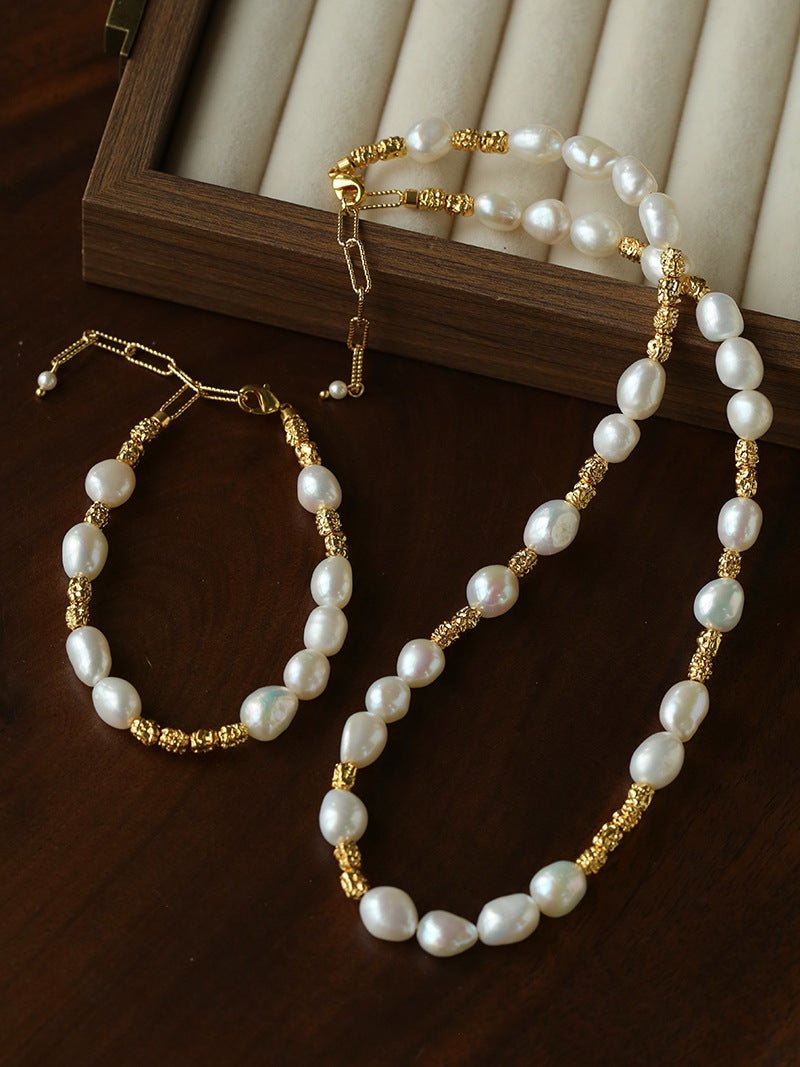 Smooth Freshwater Pearl Crinkled Gold Collarbone Necklace - floysun