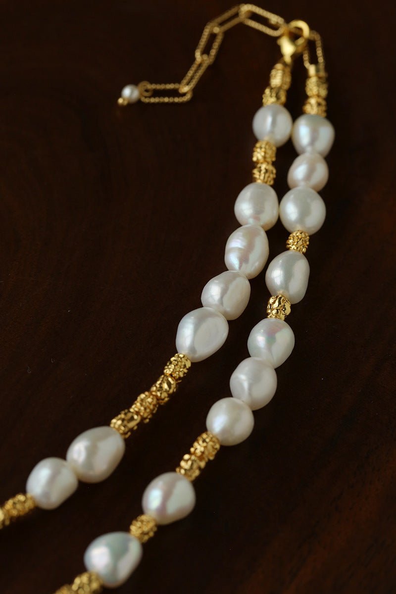 Smooth Freshwater Pearl Crinkled Gold Collarbone Necklace - floysun