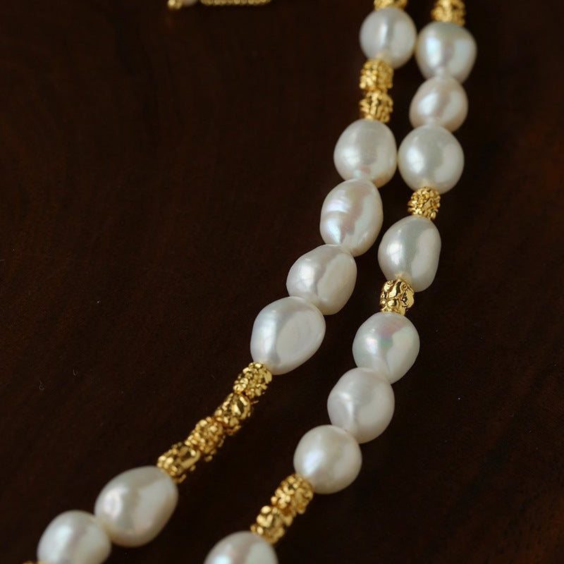 Smooth Freshwater Pearl Crinkled Gold Collarbone Necklace - floysun