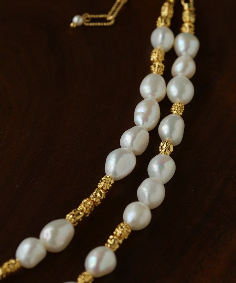 Smooth Freshwater Pearl Crinkled Gold Collarbone Necklace - floysun