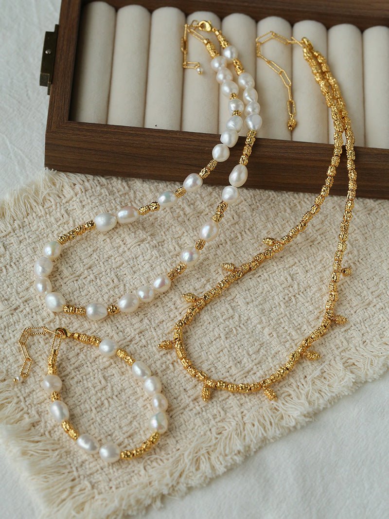 Smooth Freshwater Pearl Crinkled Gold Collarbone Necklace - floysun