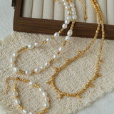 Smooth Freshwater Pearl Crinkled Gold Collarbone Necklace - floysun