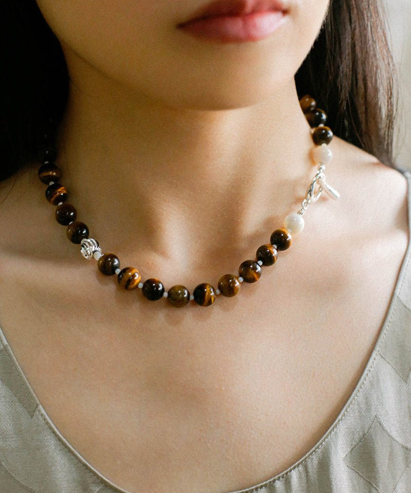 Smooth Tiger's Eye and Silver Shell Beaded OT Necklace - floysun