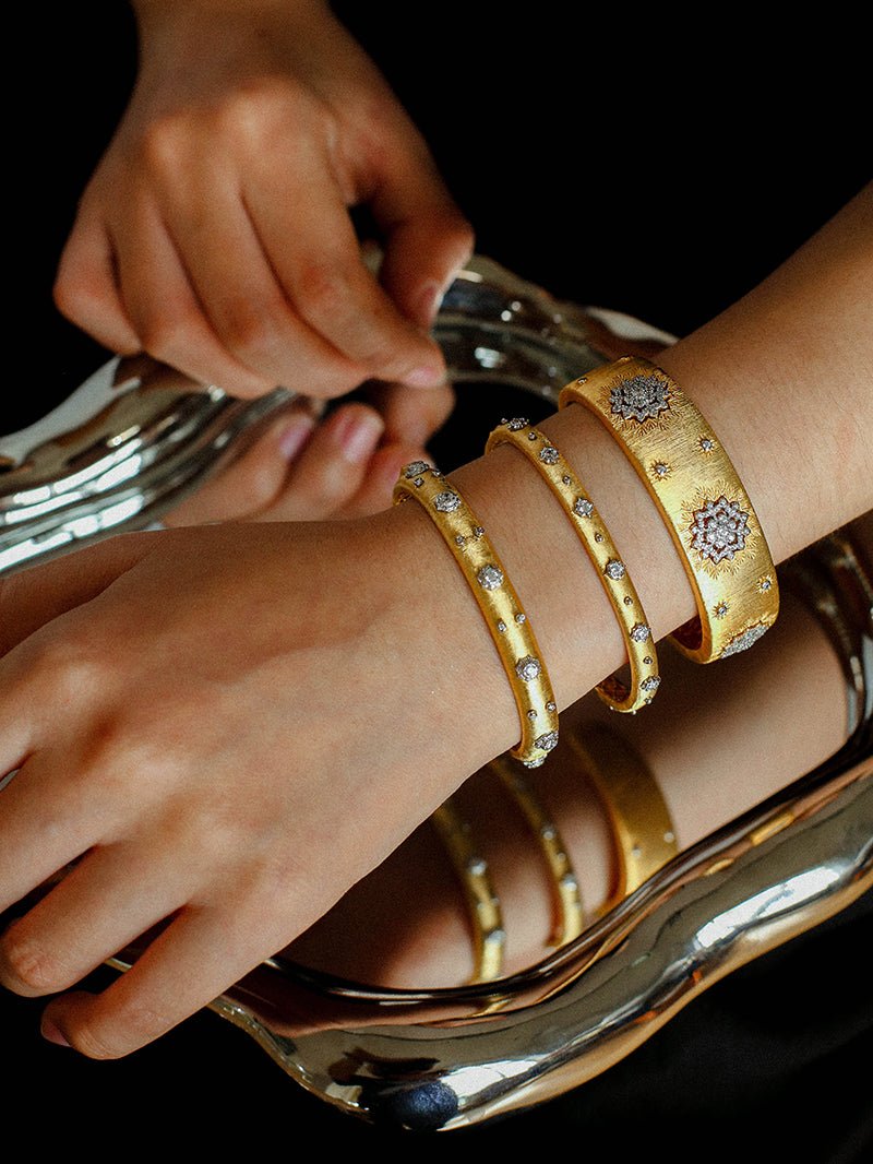 Snowflake - Embellished Wide Cuff Bracelet – Brushed Gold - floysun