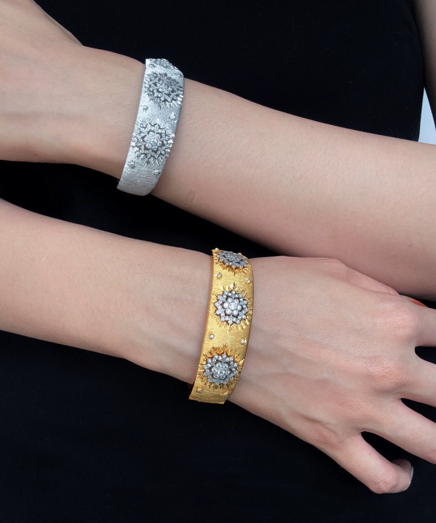 Snowflake - Embellished Wide Cuff Bracelet – Brushed Silver - floysun