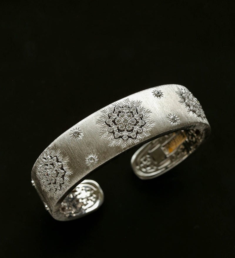 Snowflake - Embellished Wide Cuff Bracelet – Brushed Silver - floysun