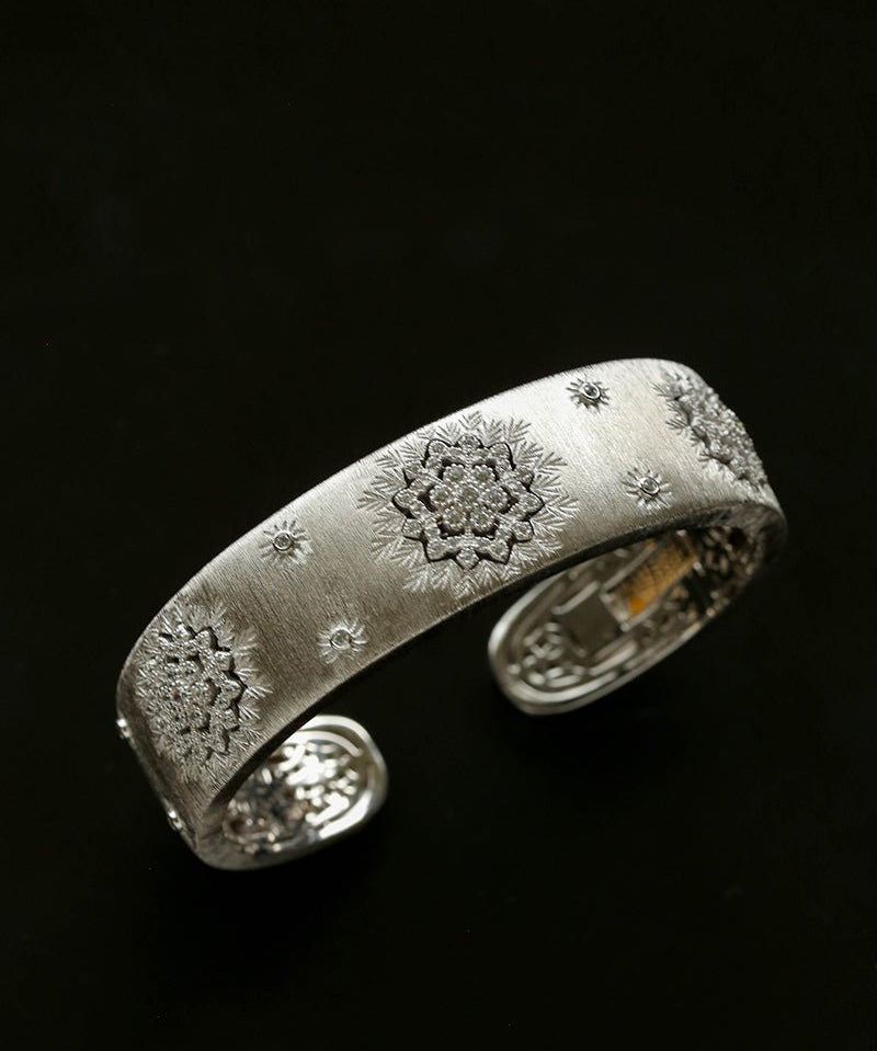 Snowflake - Embellished Wide Cuff Bracelet – Brushed Silver - floysun