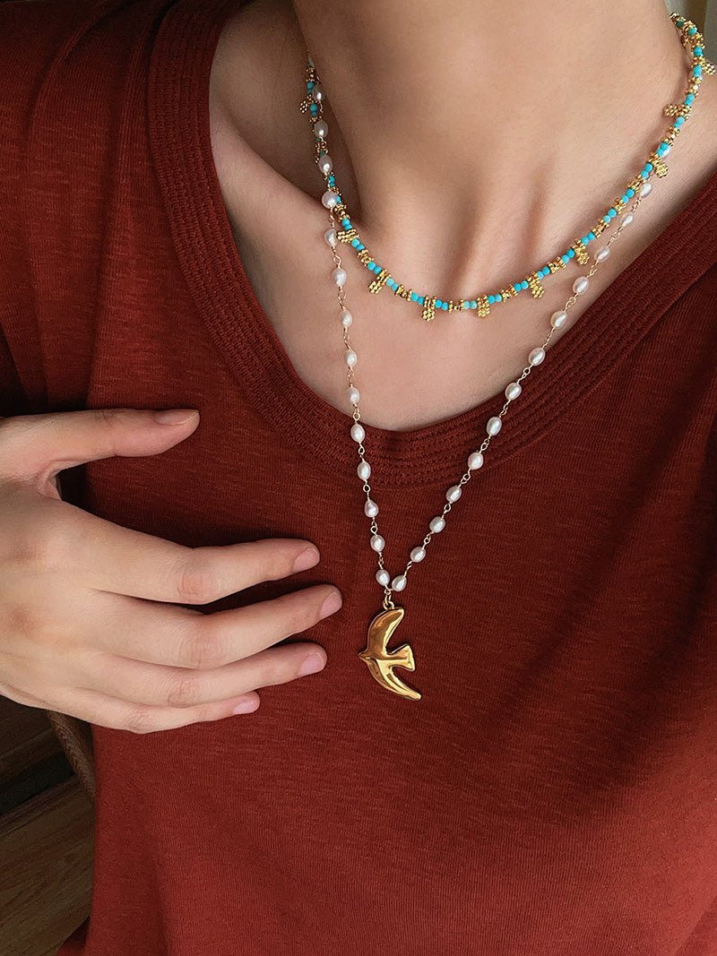 Soothing Blue Turquoise Tiny Flower Beaded Necklace - floysun