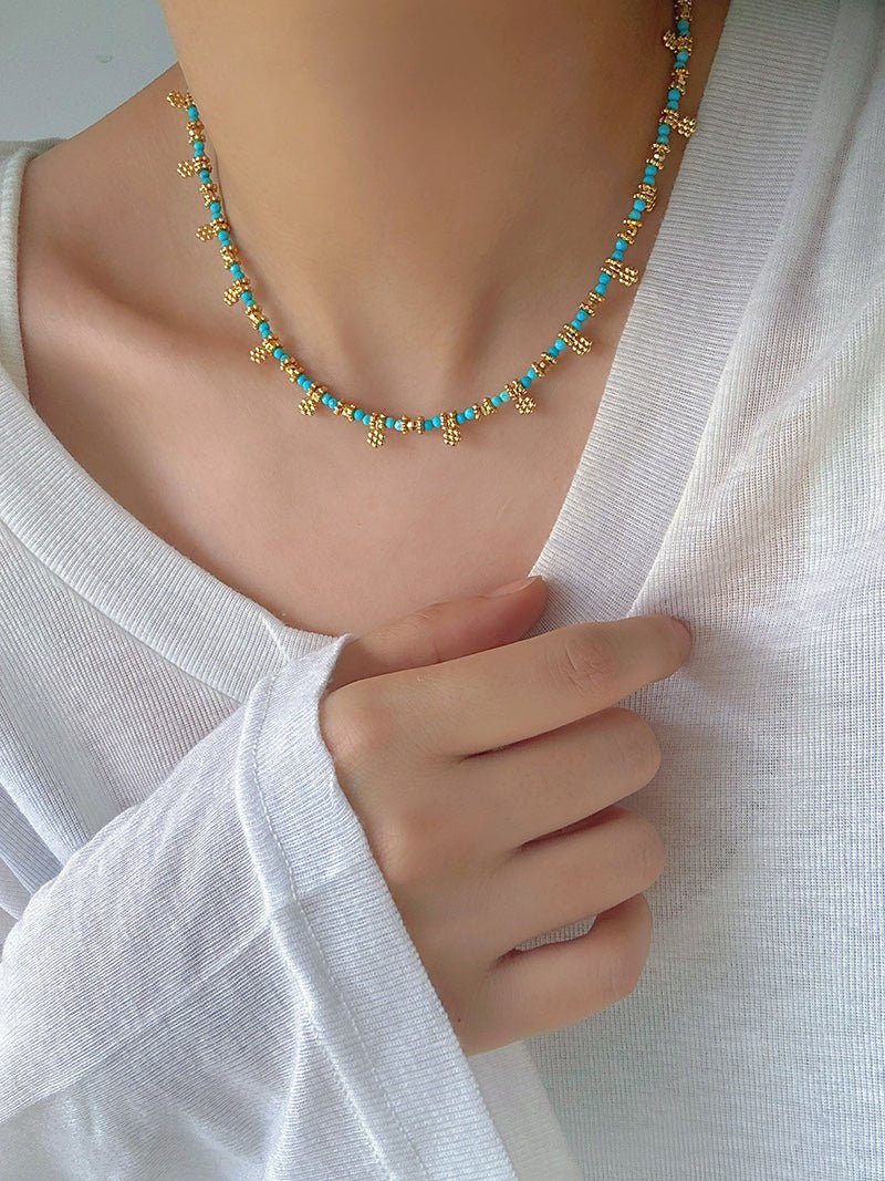 Soothing Blue Turquoise Tiny Flower Beaded Necklace - floysun