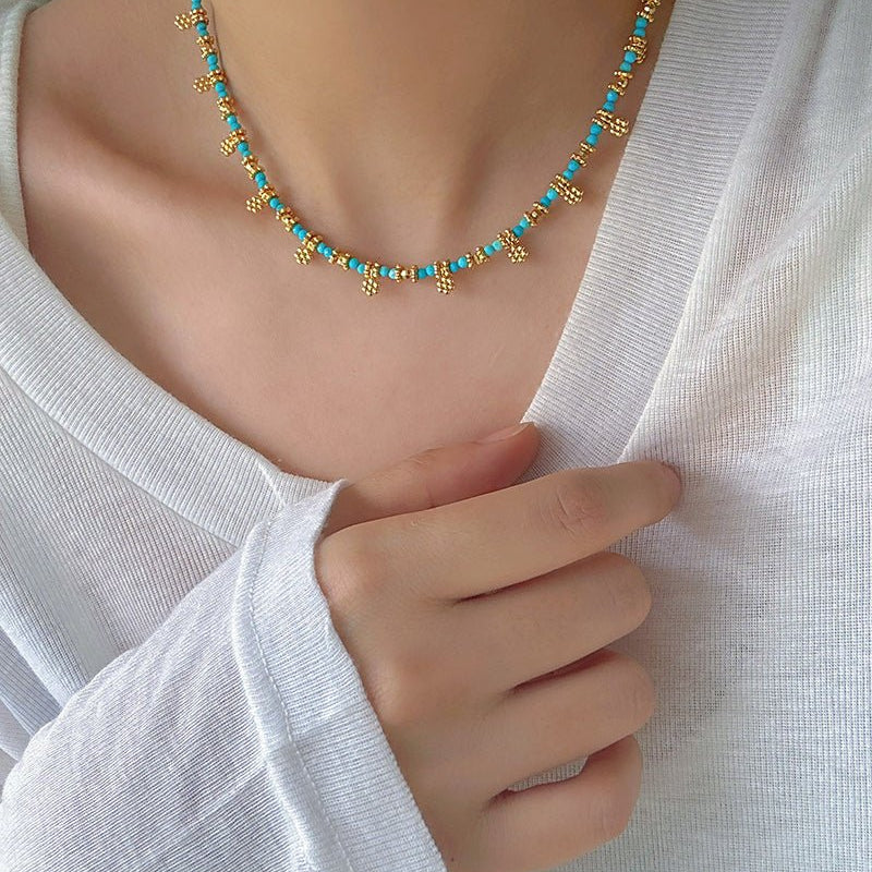 Soothing Blue Turquoise Tiny Flower Beaded Necklace - floysun
