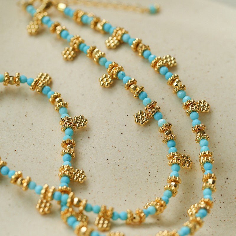 Soothing Blue Turquoise Tiny Flower Beaded Necklace - floysun