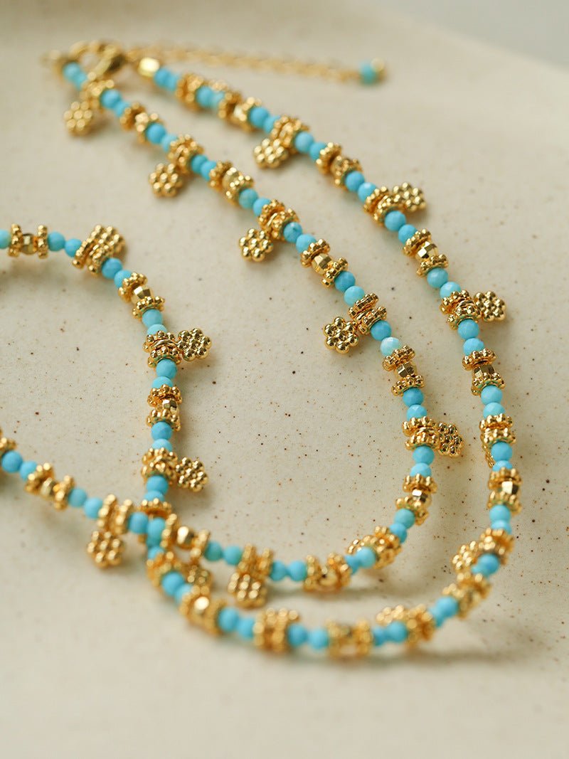 Soothing Blue Turquoise Tiny Flower Beaded Necklace - floysun