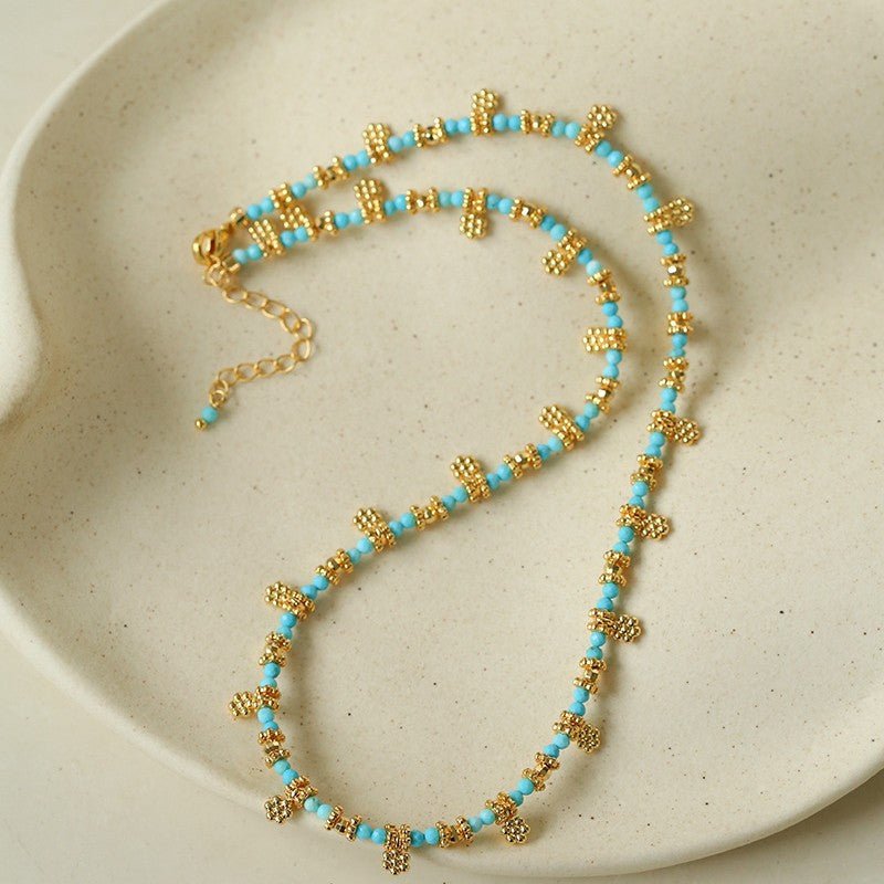 Soothing Blue Turquoise Tiny Flower Beaded Necklace - floysun